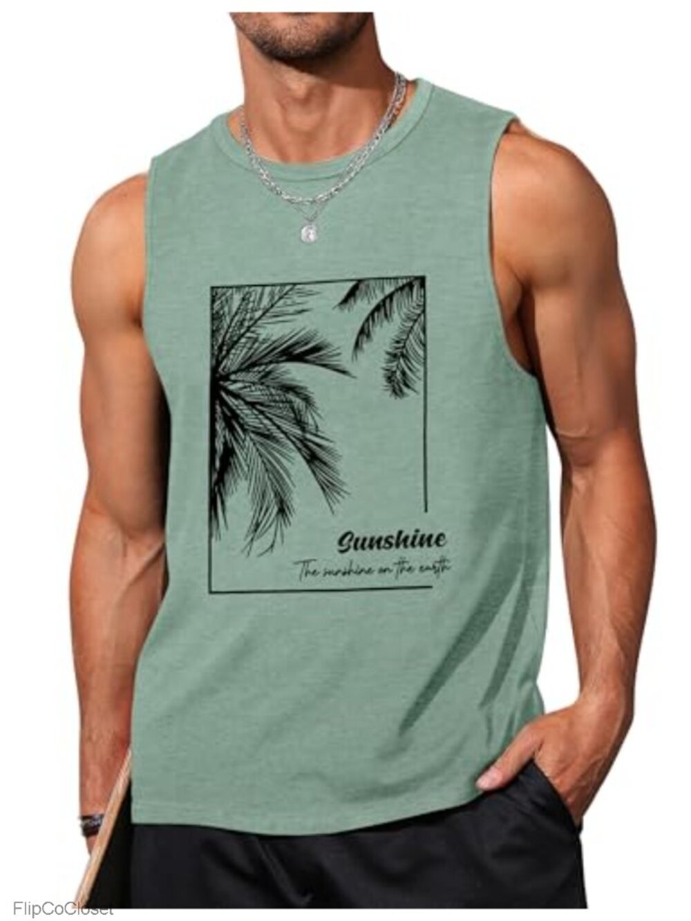 Mens Tank Top Sleeveless Palm Tree Graphic Beach Vacation Gym